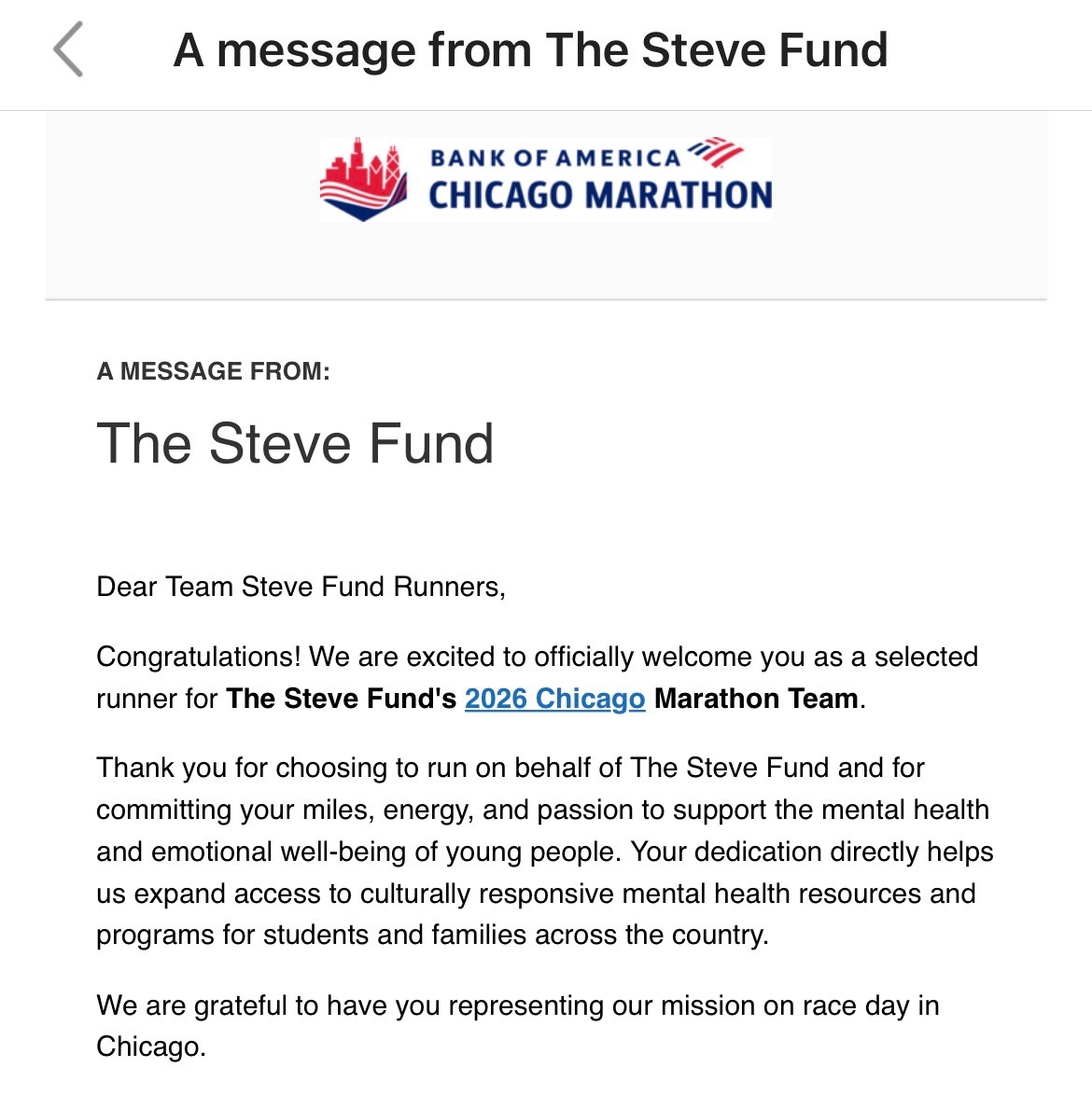 Miles for a Mission: Vanessa Runs Chicago for the Steve Fund campaign photo, 5 of 8