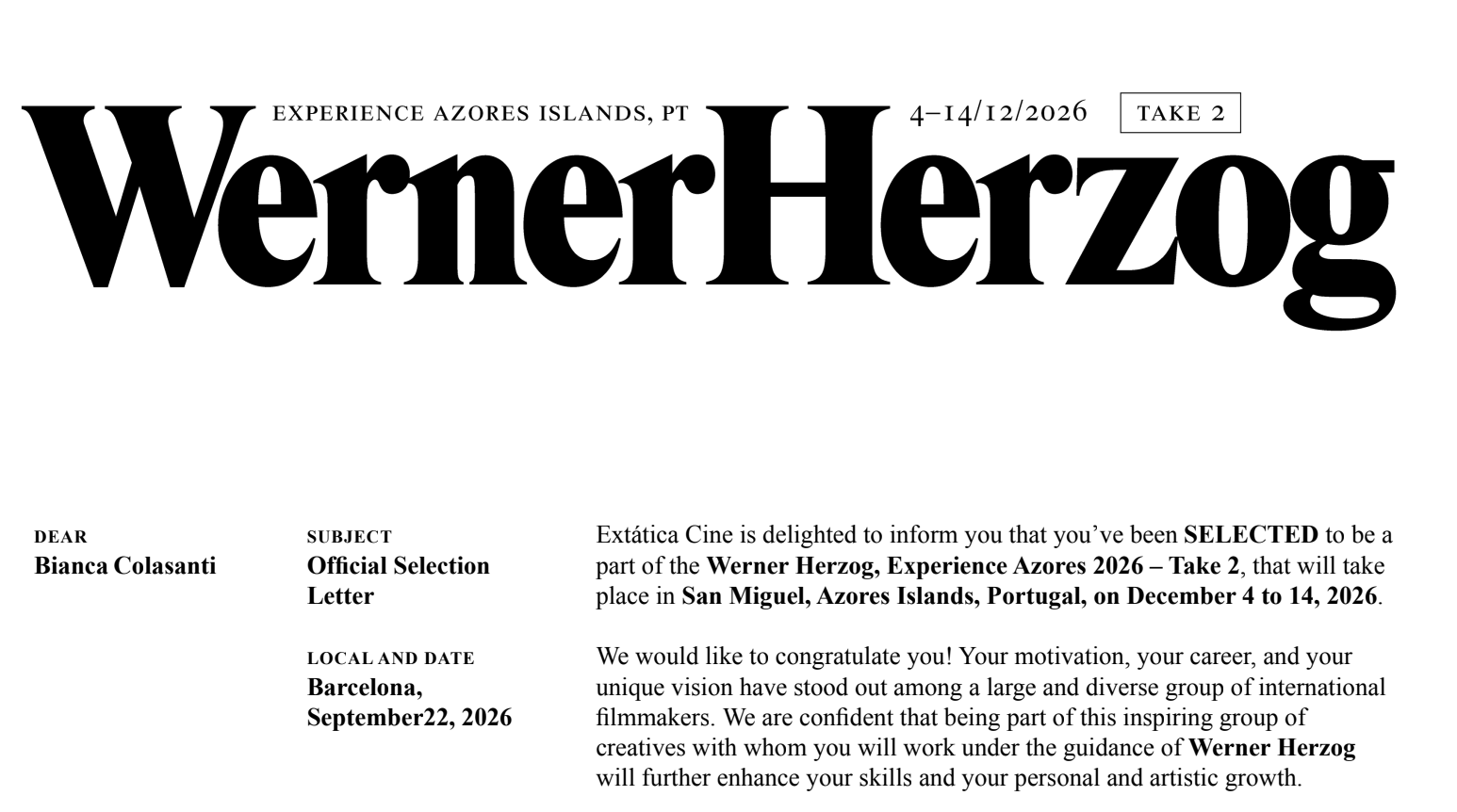 Support My Opportunity to Attend a Film Workshop with Herzog campaign photo, 2 of 4