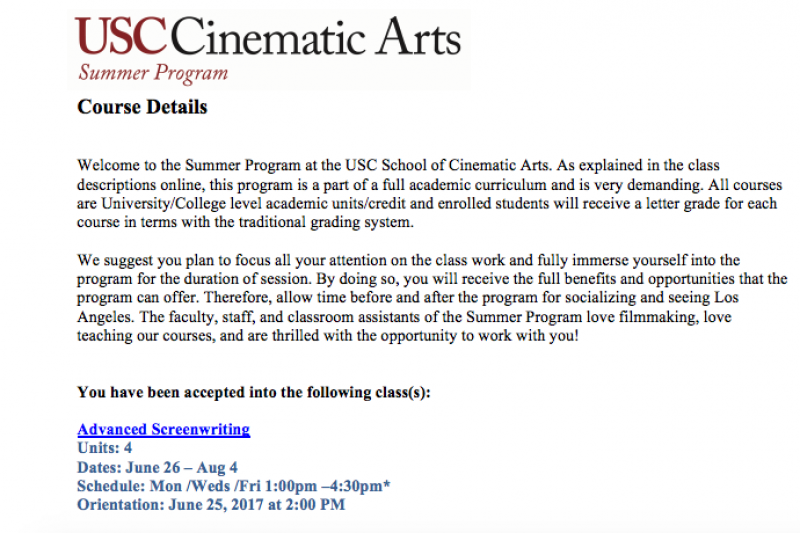 fundraiser by tyler coskey usc cinematic arts summer program usc acceptance letter