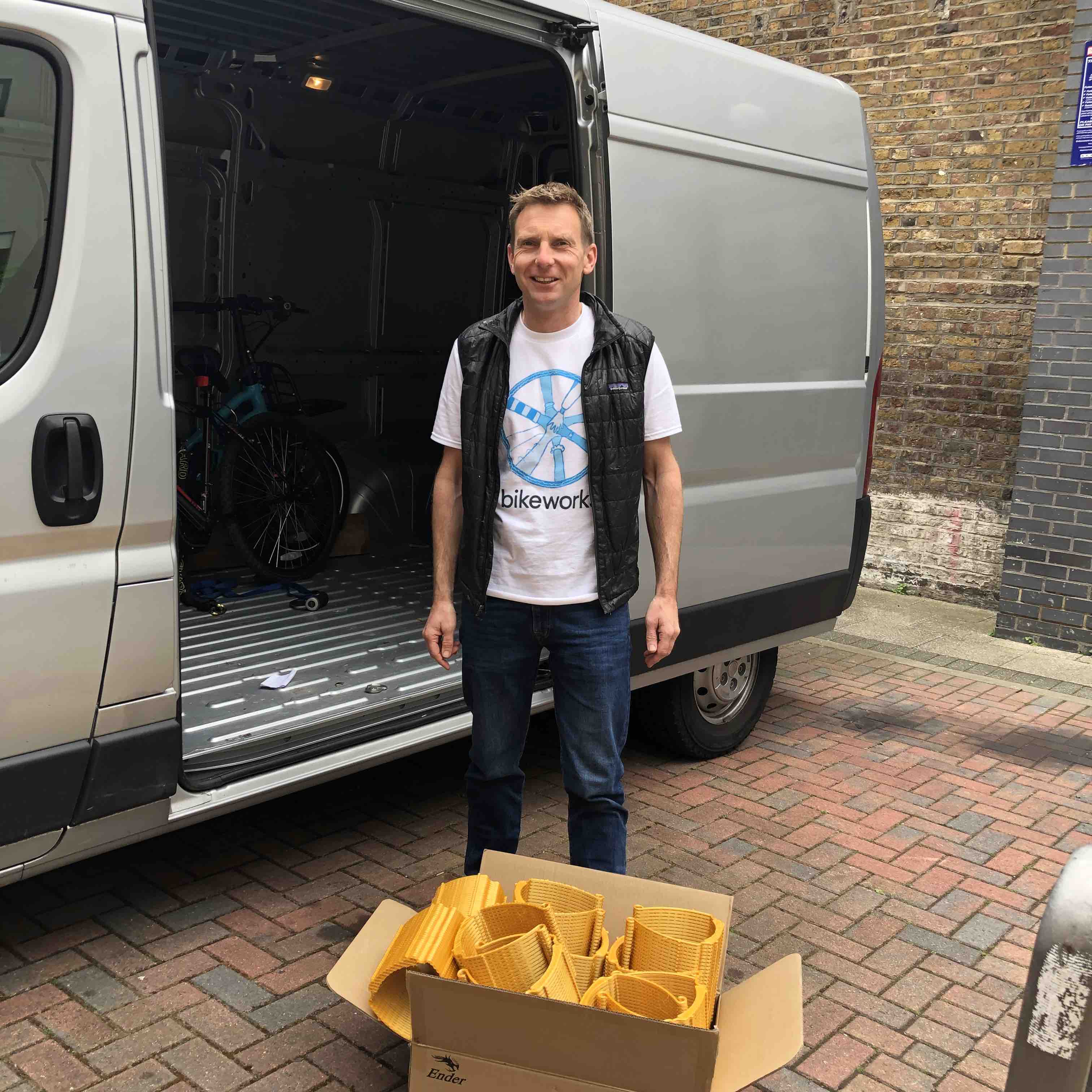 Jim from Bikeworks picking up face shields for delivery