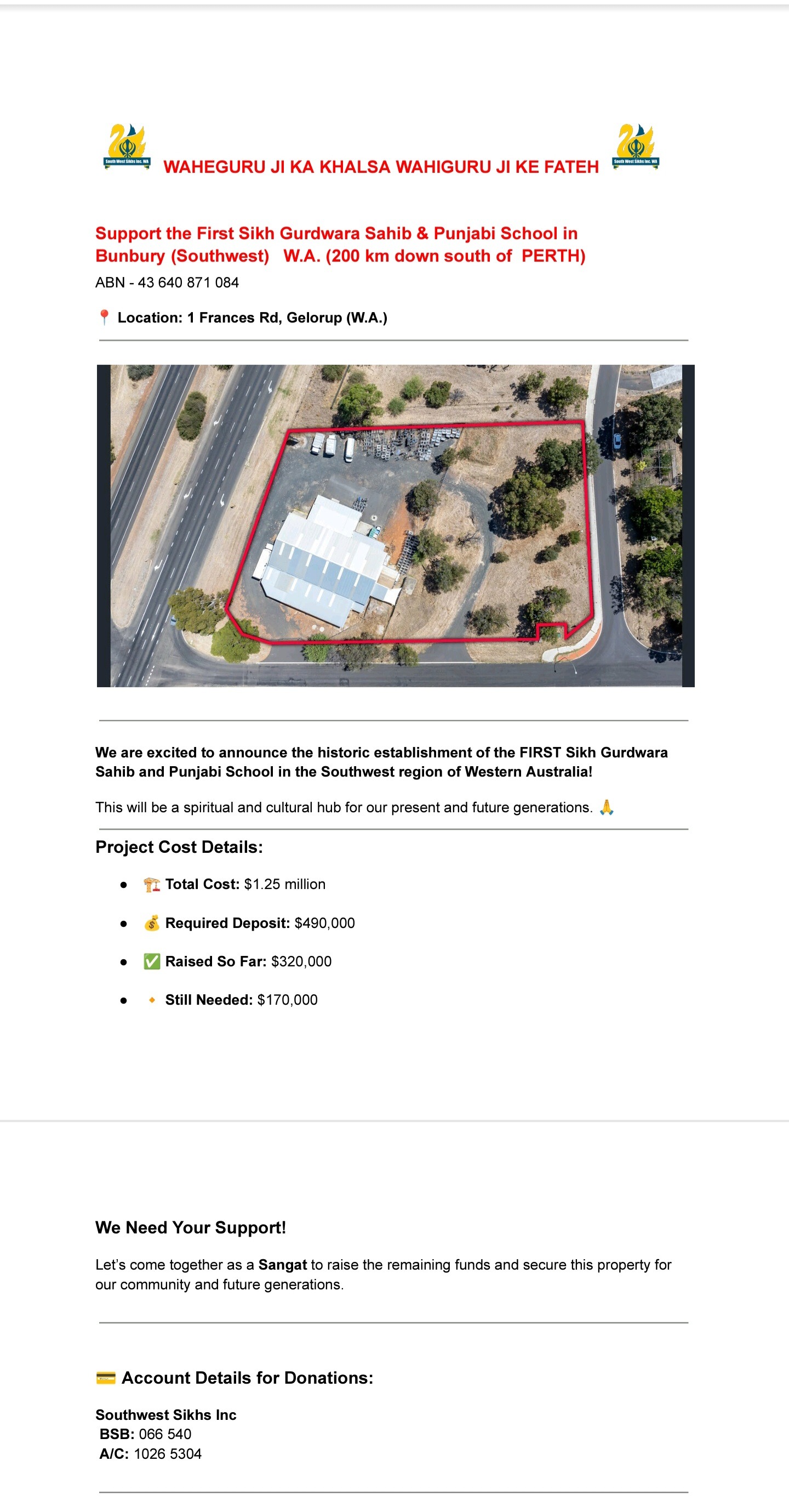 Donate for first Gurdwara Sahib, Bunbury (W.A) campaign photo, 7 of 8