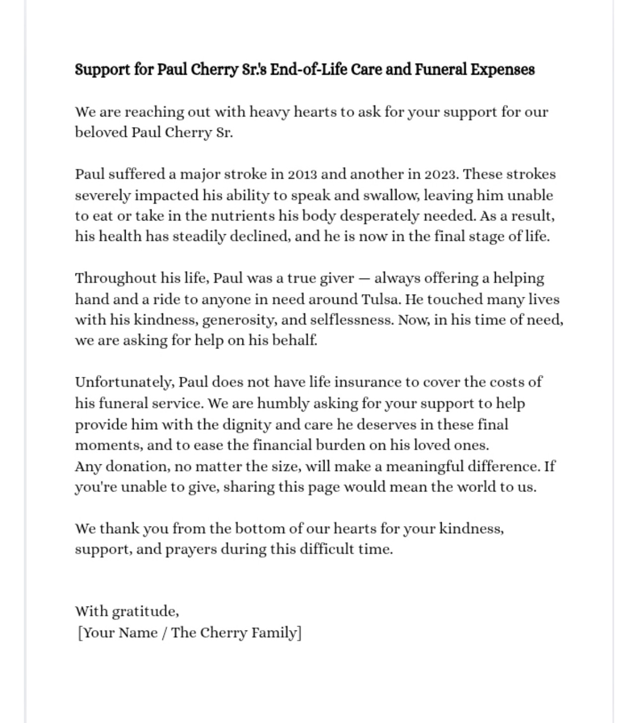 Assist with Paul Cherry Sr.'s Funeral Expenses campaign photo, 2 of 6