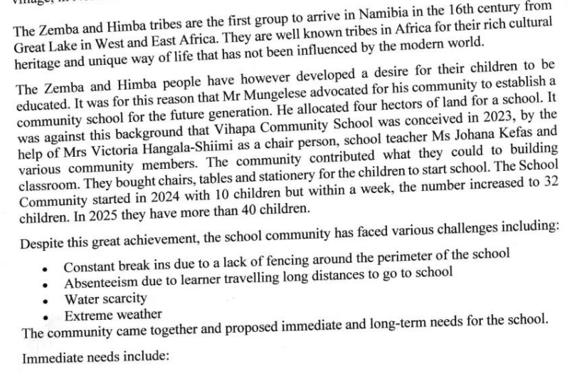 Vihapa Community School: The first school in Zemba and Himba campaign photo, 2 of 8