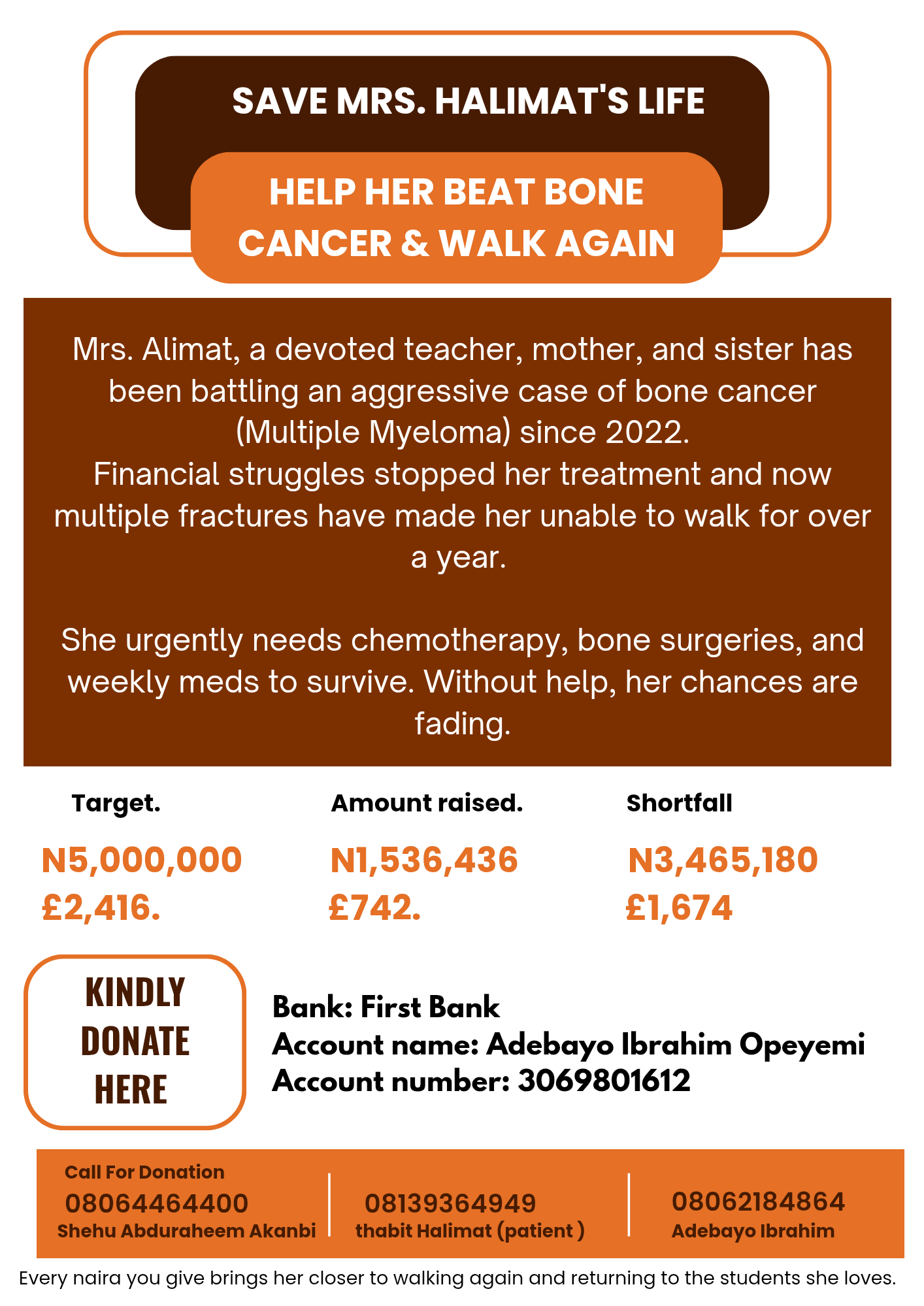 Help Mrs Alimat fight bone cancer and walk again campaign photo, 2 of 5