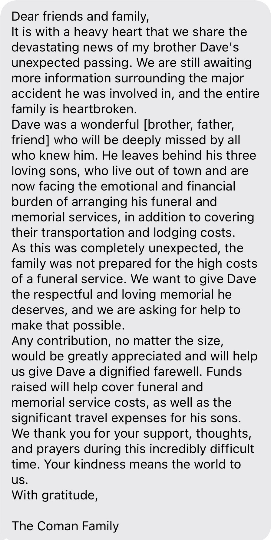 Dave Coman’s Memorial Fund campaign photo, 4 of 5