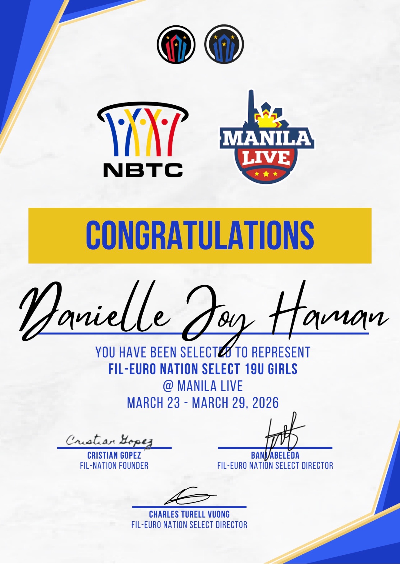 Danielle’s Fil Euro Nation Select Manila Tournament 2026 campaign photo, 2 of 4